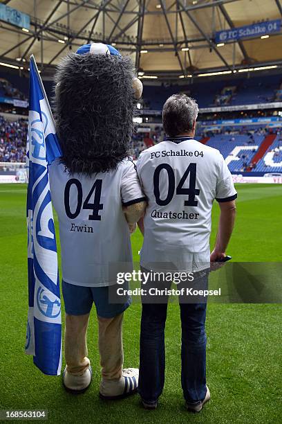 MAscot Erwin poses prior to the Bundesliga match between FC Schalke 04 and VfB Stuttgart at Veltins-Arena on May 11, 2013 in Gelsenkirchen, Germany.