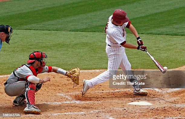 South Carolina's Joey Pankake connects for a base hit against Georgia at Carolina Stadium in Columbia, South Carolina, on Saturday, May 11, 2013. The...