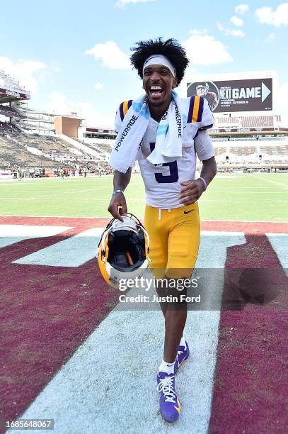 Jayden Daniels of the LSU Tigers after the game against the Mississippi State Bulldogs at Davis Wade Stadium on September 16, 2023 in Starkville,...