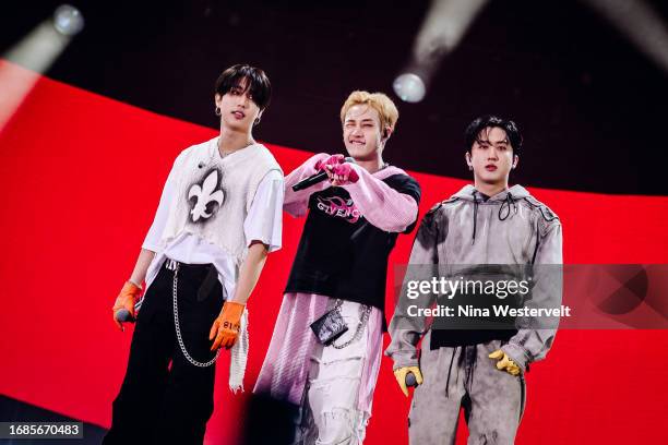 Han, Bang Chan and Changbin of 3RACHA at the 2023 Global Citizen Festival in New York on September 23, 2023 at the Great Lawn of Central Park in New...