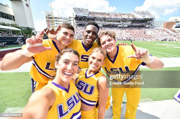 Tigers cheerleaders during the game against the Mississippi State Bulldogs at Davis Wade Stadium on September 16, 2023 in Starkville, Mississippi.