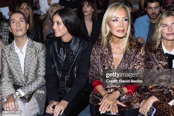 Jesus Reyes, Victoria Federica de Marichalar y Borbon and Carmen Lomana attend the front row at the Lola Casademunt By Maite fashion show during the...