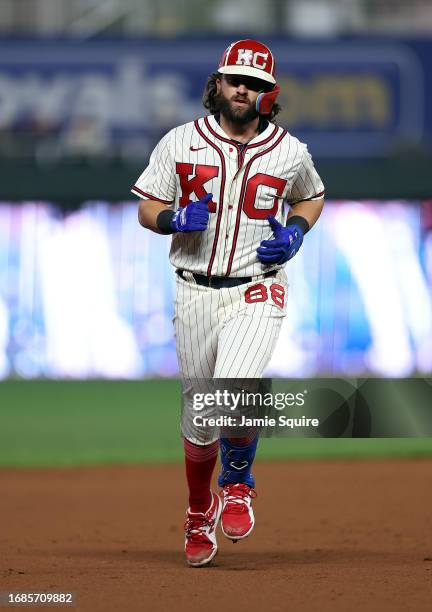 Logan Porter of the Kansas City Royals rounds the bases after hitting a home run during the 8th inning of the game against the Houston Astros at...