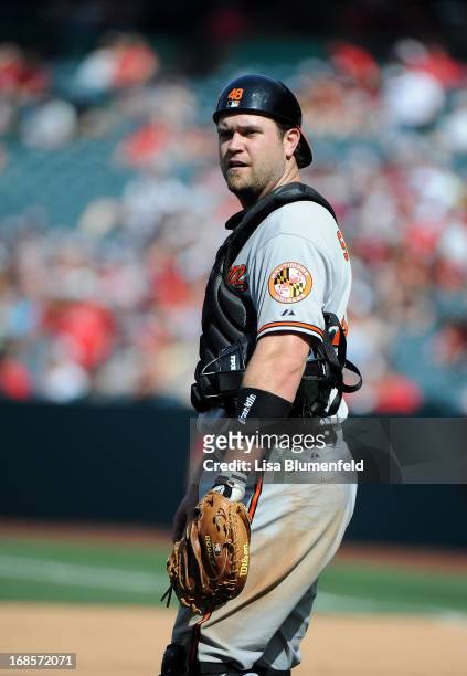Catcher Chris Snyder of the Baltimore Orioles looks on during the game against the Los Angeles Angels of Anaheim at Angel Stadium of Anaheim on May...