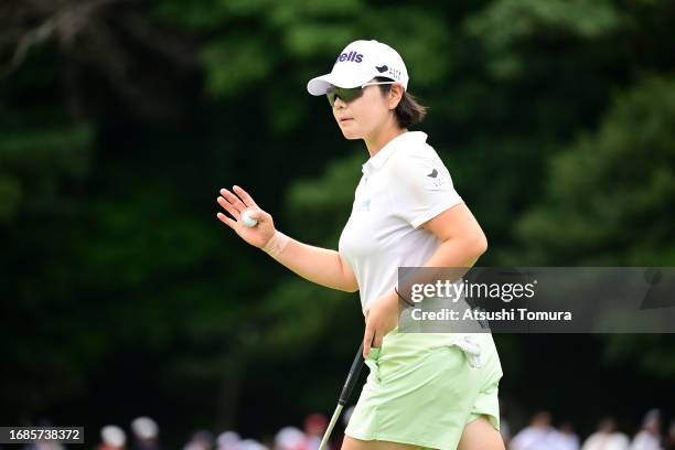 Min-Young Lee of South Korea acknowledges the gallery on the 9th green during the final round of 54th SUMITOMO LIFE Vitality Ladies Tokai Classic at...
