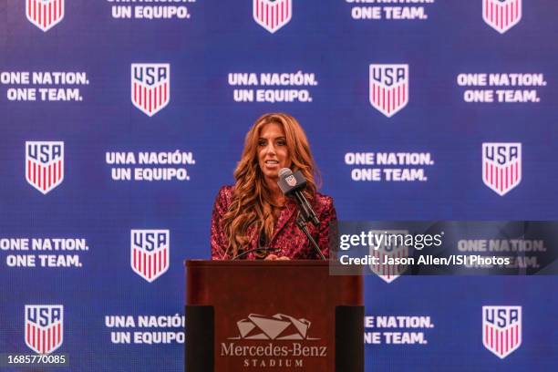 Sara Walsh, Host of Turner Broadcasting, announces the beginning of the press conference to welcome U.S.Soccer to Atlanta before a game between Inter...