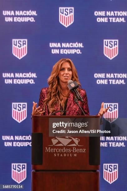 Sara Walsh, Host of Turner Broadcasting, announces the beginning of the press conference to welcome U.S.Soccer to Atlanta before a game between Inter...