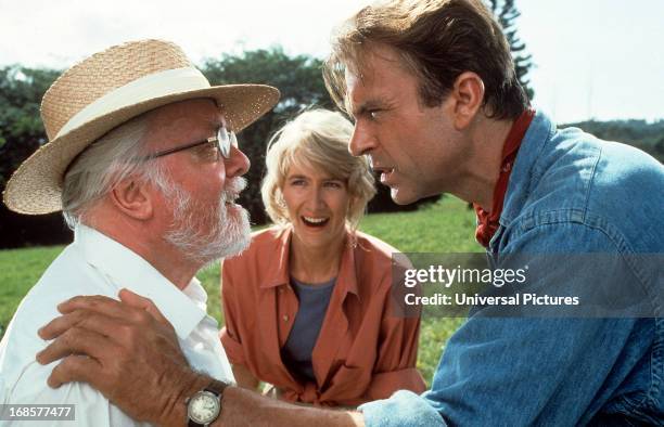 Richard Attenborough, Laura Dern and Sam Neill in a scene from the film 'Jurassic Park', 1993.