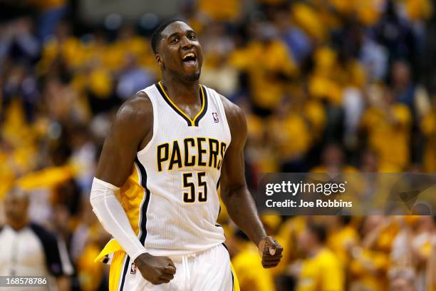 Roy Hibbert of the Indiana Pacers reacts against the New York Knicks during game three of the Eastern Conference Semifinals of the 2013 NBA Playoffs...