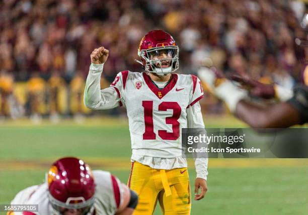 Trojans quarterback Caleb Williams calls an audible during the NCAA College Football game between the USC Trojans and Arizona State Sun Devils on...