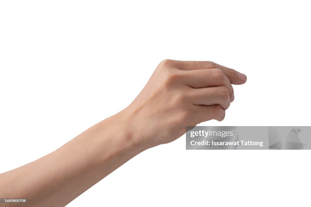 Woman hands isolated showing two hands holding spoon or fork on white background, gesture of eating dinning.