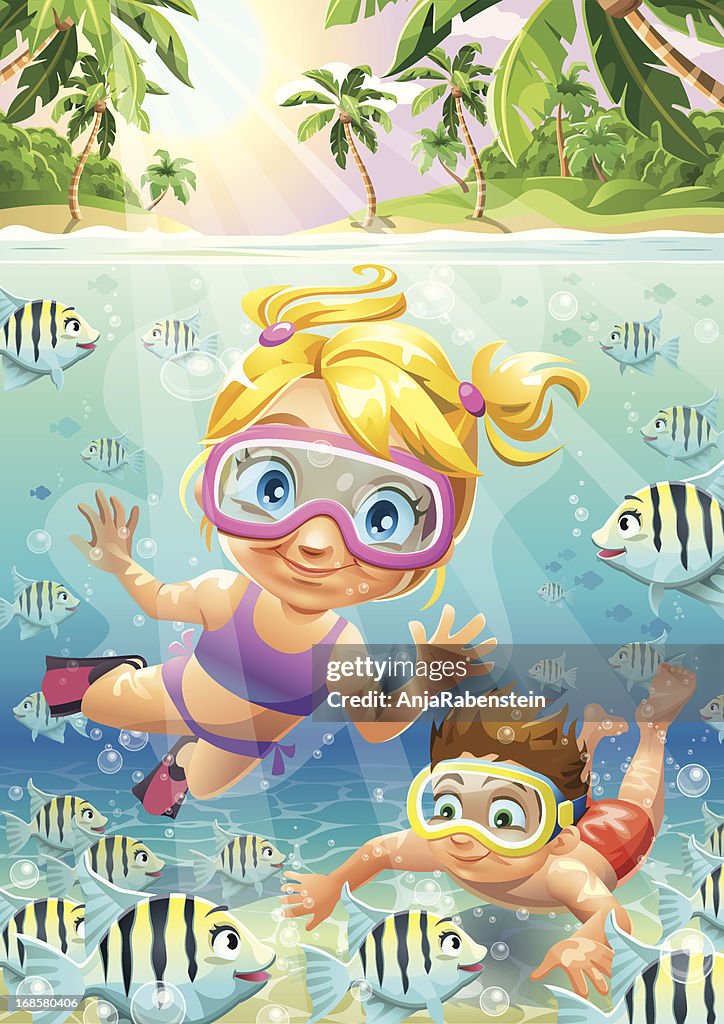 Tropical Vector Cartoon Underwater Scene Boy Girl swimming with Fish