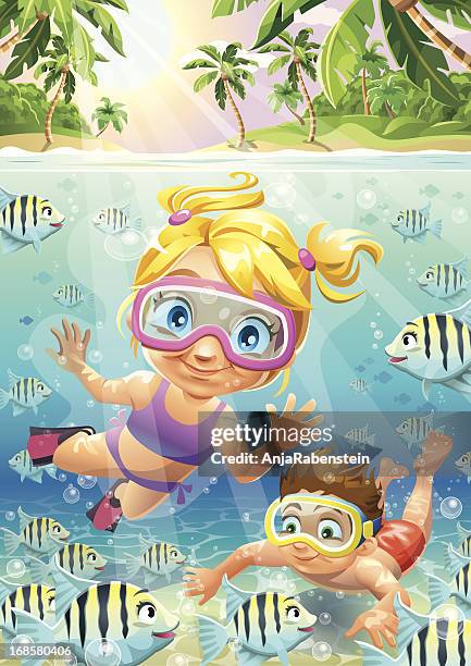 bildbanksillustrationer, clip art samt tecknat material och ikoner med tropical vector cartoon underwater scene boy girl swimming with fish - dykmask