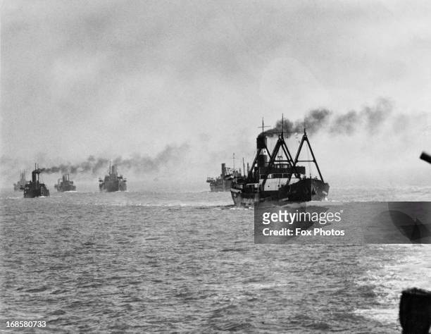 An Allied convoy at sea off the east coast of Britain, World War II, 1940.