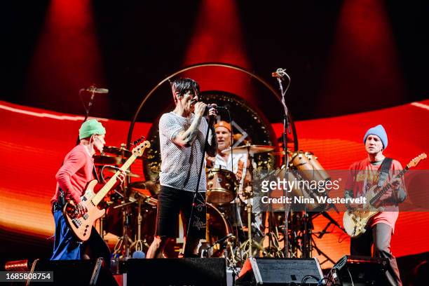 Flea, Chad Smith, Anthony Kiedis and John Frusciante of the Red Hot Chili Peppers at the 2023 Global Citizen Festival in New York on September 23,...