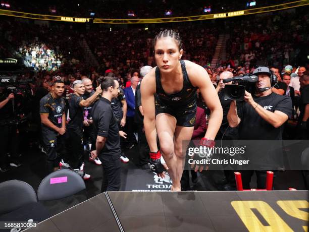 Alexa Grasso of Mexico prepares to face Valentina Shevchenko of Kyrgyzstan in the UFC flyweight championship fight during the Noche UFC event at...