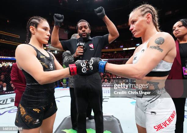 Opponents Alexa Grasso of Mexico and Valentina Shevchenko of Kyrgyzstan face off prior to the UFC flyweight championship fight during the Noche UFC...