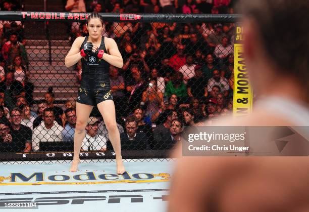 Alexa Grasso of Mexico prepares to face Valentina Shevchenko of Kyrgyzstan in the UFC flyweight championship fight during the Noche UFC event at...