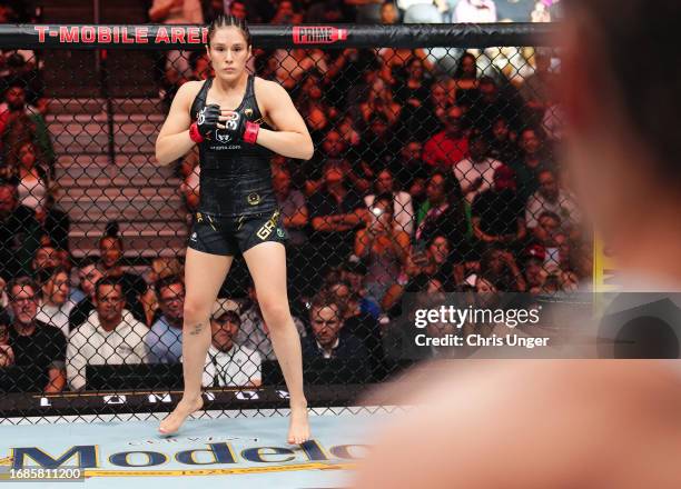 Alexa Grasso of Mexico prepares to face Valentina Shevchenko of Kyrgyzstan in the UFC flyweight championship fight during the Noche UFC event at...