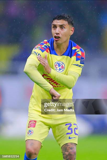 Leonardo Suarez of America gestures during the 8th round match between America and Chivas as part of the Torneo Apertura 2023 Liga MX at Azteca...