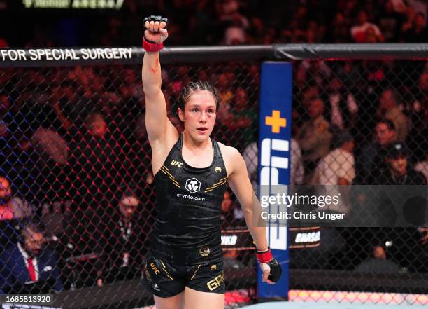 Alexa Grasso of Mexico reacts after the conclusion of the UFC flyweight championship fight against Valentina Shevchenko of Kyrgyzstan during the...