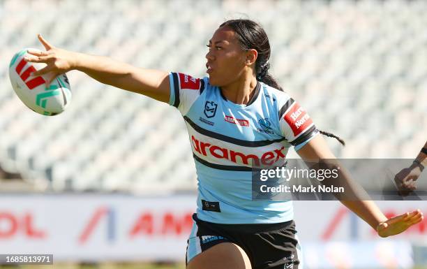 Anessa Biddle of the Sharks in action during the round nine NRLW match between Parramatta Eels and Cronulla Sharks at GIO Stadium, on September 17 in...