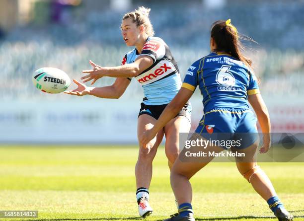 Emma Tonegato of the Sharks passes during the round nine NRLW match between Parramatta Eels and Cronulla Sharks at GIO Stadium, on September 17 in...