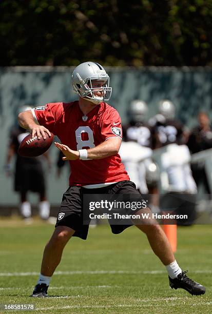 Tyler Wilson of the Oakland Raiders participates in drills during Rookie Mini-Camp on May 11, 2013 in Alameda, California.