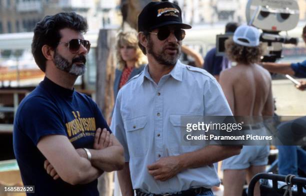 George Lucas and Steven Spielberg on set of the film 'Indiana Jones And The Last Crusade', 1989.