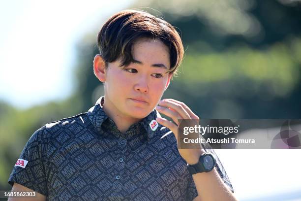 Akie Iwai of Japan shows her emotion after winning the tournament on the 18th green during the final round of 54th SUMITOMO LIFE Vitality Ladies...