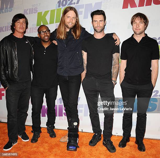 Matt Flynn, PJ Morton, James Valentine, Adam Levine and Mickey Madden of Maroon 5 attend 102.7 KIIS FM's Wango Tango at The Home Depot Center on May...