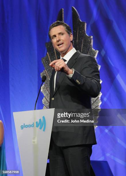 Lieutenant Governor of California Gavin Newsom gives a speech after being awarded the Golden Gate Award during the 24th Annual GLAAD Media Awards at...