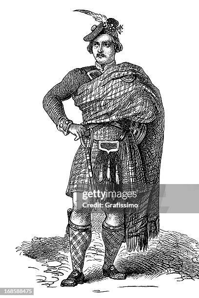 stockillustraties, clipart, cartoons en iconen met engraving scotish man in traditional clothing from 1870 - kilt