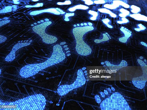 blue footprints over a circuit board - fotspår bildbanksfoton och bilder