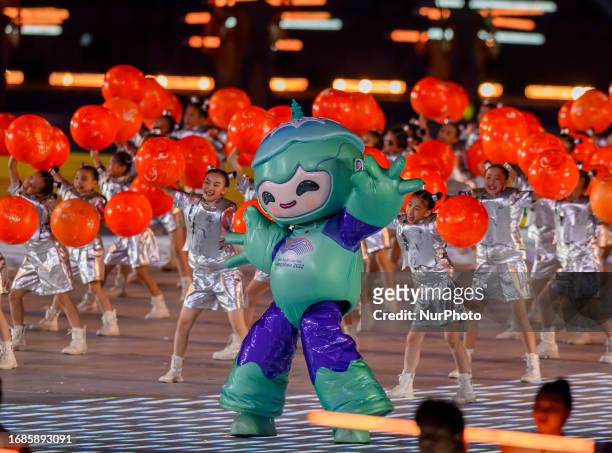 Performers are seen performing during the opening ceremony of The 19th Asian Games Hangzhou 2022 at the Hangzhou Olympic Sports Centre Stadium in...