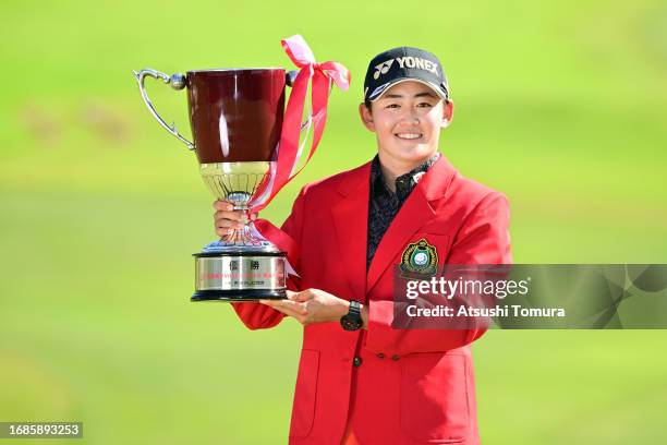 Akie Iwai of Japan poses with the trophy after winning the tournament following the final round of 54th SUMITOMO LIFE Vitality Ladies Tokai Classic...