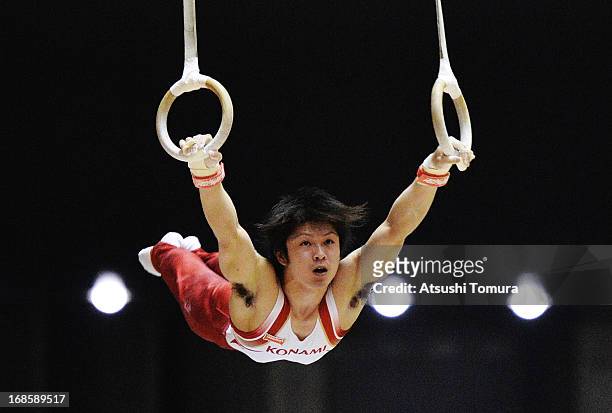 Kohei Uchimura of Japan competes on the rings during day two of the 67th All Japan Artistic Gymnastics Individual All Around Championship at Yoyogi...