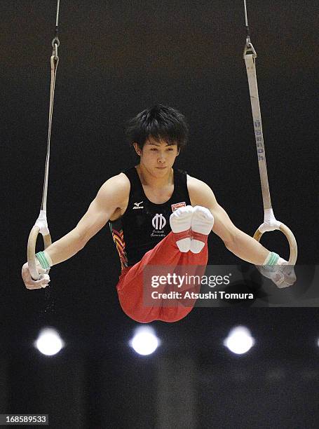 Ryohei Kato of Japan competes on the rings during day two of the 67th All Japan Artistic Gymnastics Individual All Around Championship at Yoyogi...