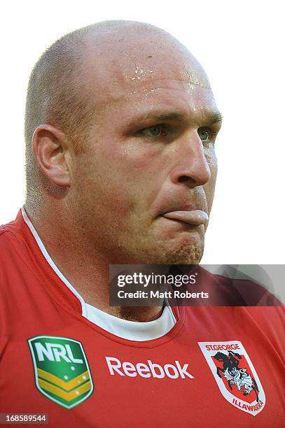 Michael Weyman of the Dragons looks on during the round nine NRL match between the Gold Coast Titans and the St George Illawarra Dragons at Skilled...