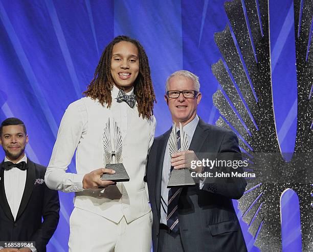 Brittney Griner and Kevin McClatchey accpet awards during the 24th Annual GLAAD Media Awards at the Hilton San Francisco - Union Square on May 11,...