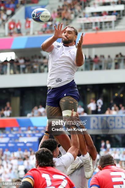 Chris Vui of Samoa wins the line out during the Rugby World Cup France 2023 match between Samoa and Chile at Nouveau Stade de Bordeaux on September...