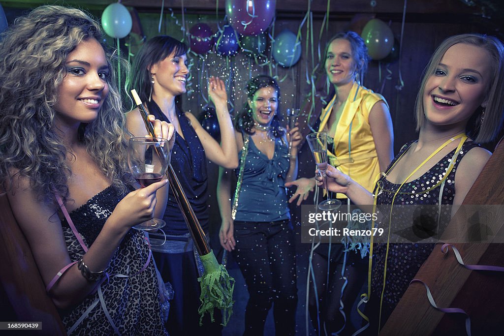 Happy friends on a party photoshoot