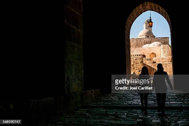 syrian women at the aleppo citadel - aleppo citadel stock pictures, royalty-free photos & images