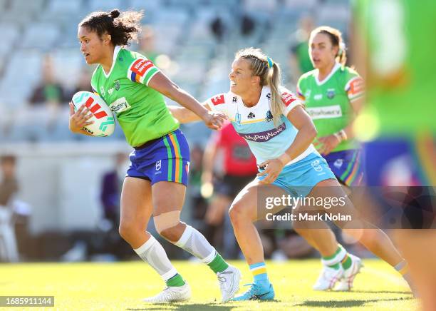 Zahara Temara of the Raiders in action during the round nine NRLW match between Canberra Raiders and Gold Coast Titans at GIO Stadium, on September...