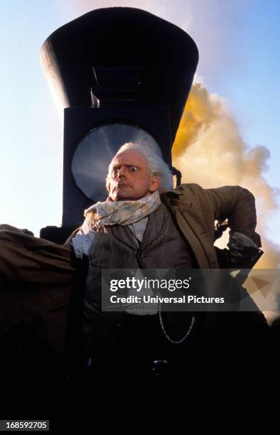 Christopher Lloyd with a look of shock in a scene from the film 'Back to the Future Part III', 1990.
