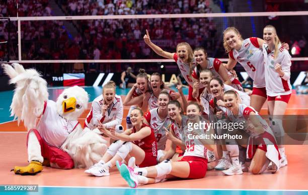 Team Poland celebration during Poland vs USA FIVB Women's Volleyball Olympic Qualifying Tournament, in Lodz, Poland on September 23, 2023.