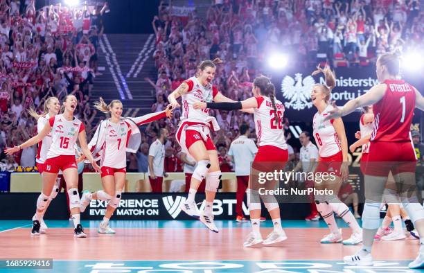 Team Poland celebration during Poland vs USA FIVB Women's Volleyball Olympic Qualifying Tournament, in Lodz, Poland on September 23, 2023.