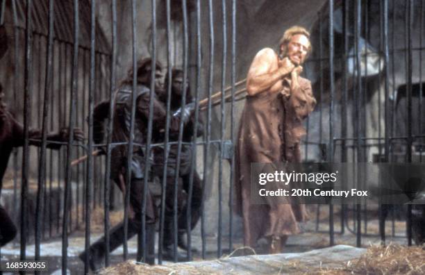 Charlton Heston is forced into a cage in a scene from the film 'Planet Of The Apes', 1968.