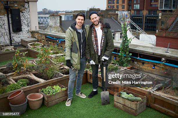 men in roof garden smiling to camera. - rooftop garden stock pictures, royalty-free photos & images