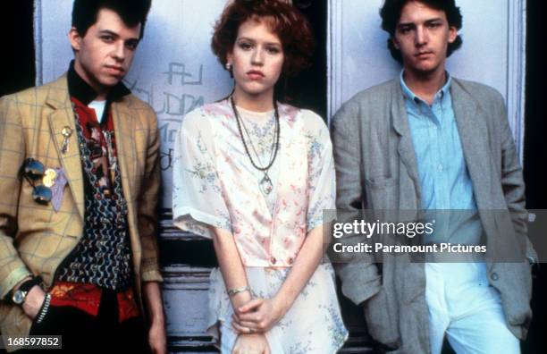 Jon Cryer, Molly Ringwald and Andrew McCarthy on set of the film 'Pretty In Pink', 1986.